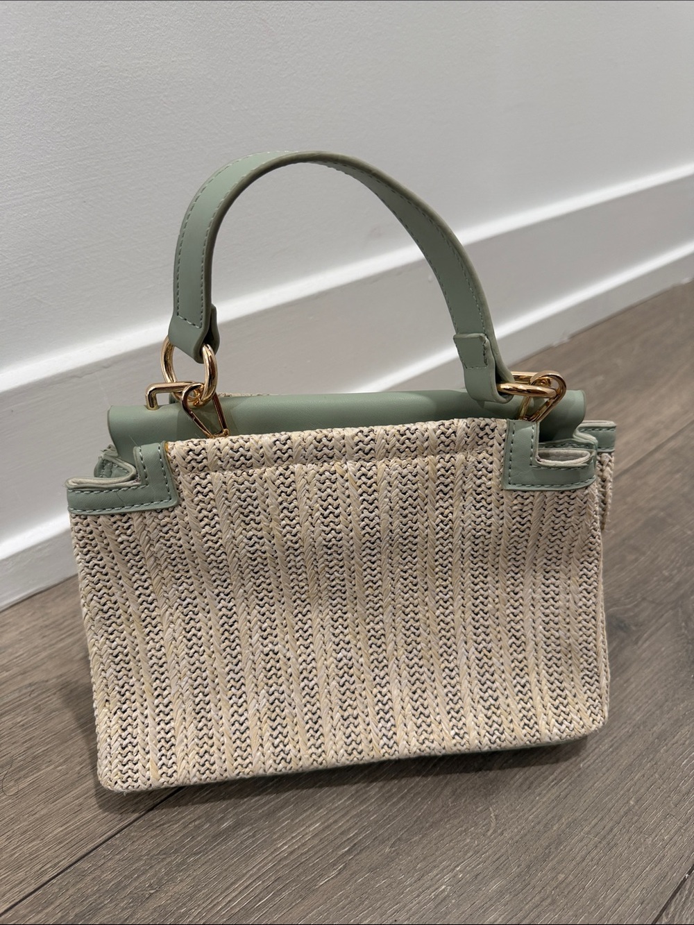 Woven Straw Top-Handle Bag in Sage Green Trim
